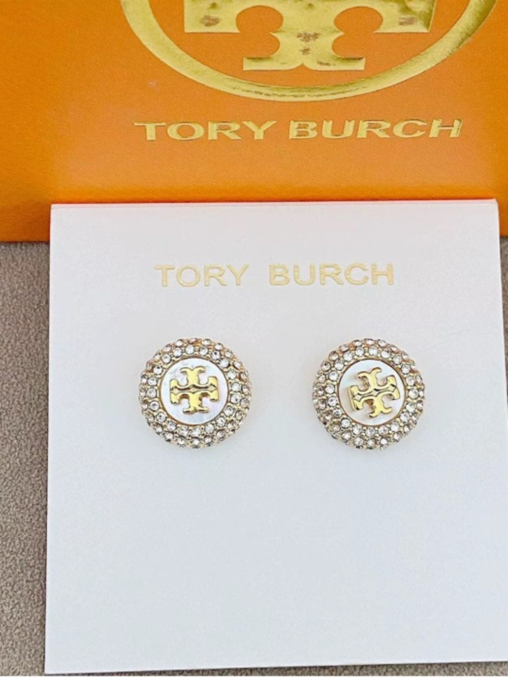 Tory Burch Gold and White Logo Crystal Halo Stud Earrings